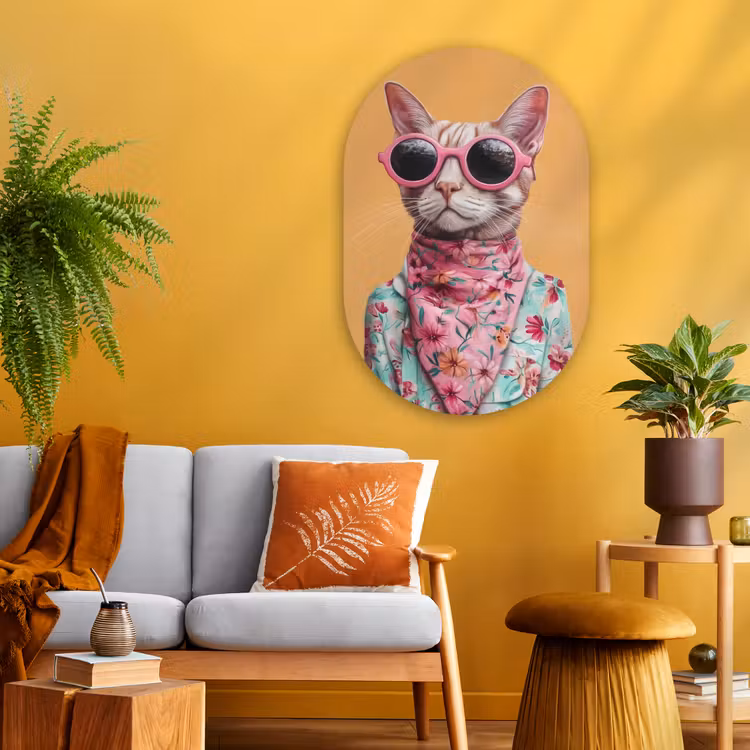 Zonnebril - Kat - Sjaal - Bloemen Wandcirkel Ovaal Glas middel -sfeer4