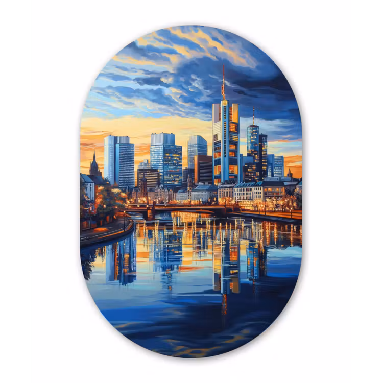 Zonsondergang Frankfurt - Stad - Skyline - Water Wandcirkel Ovaal Glas middel -3d