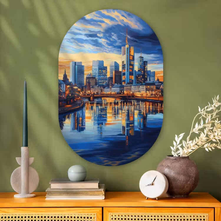 Zonsondergang Frankfurt - Stad - Skyline - Water Wandcirkel Ovaal Glas middel -sfeer2