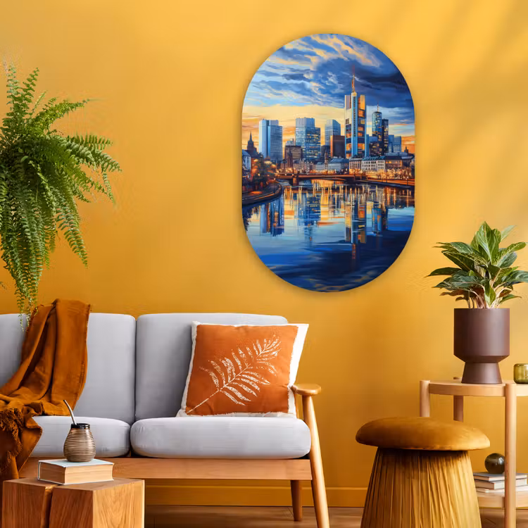 Zonsondergang Frankfurt - Stad - Skyline - Water Wandcirkel Ovaal Glas middel -sfeer4