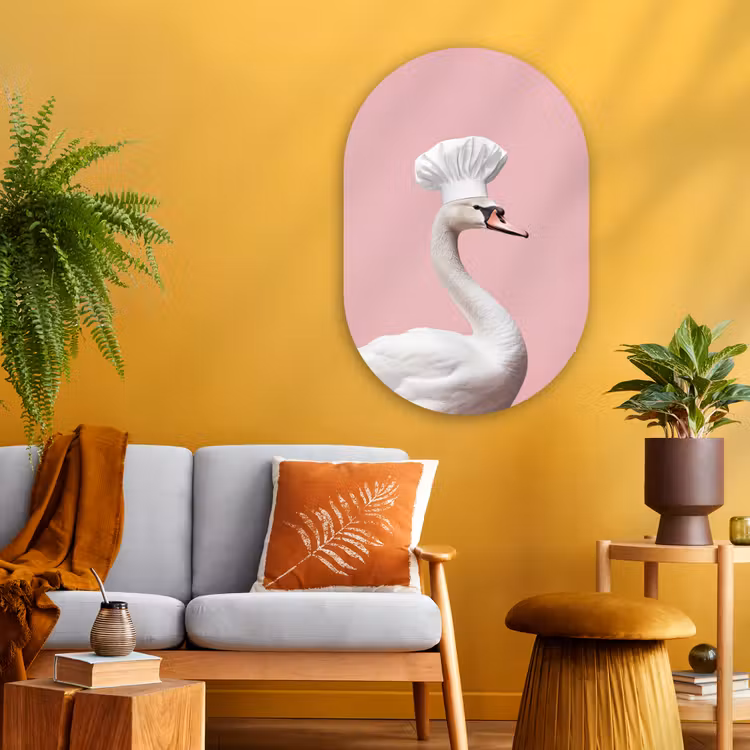 Zwaan - Koksmuts - Mooi - Klassiek Wandcirkel Ovaal Glas middel -sfeer4