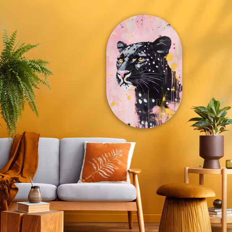 Zwart - Panter - Roze - Abstract Wandcirkel Ovaal Glas middel -sfeer4