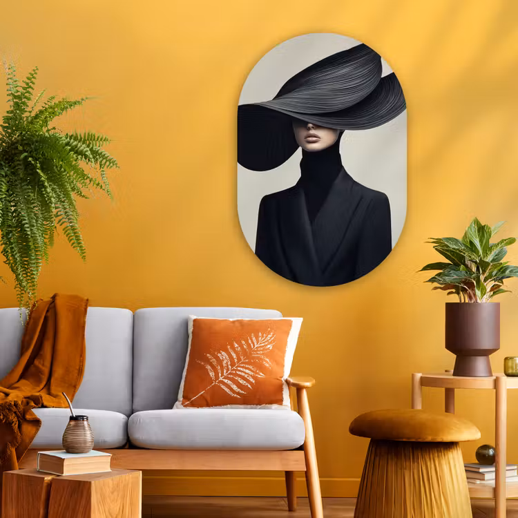 Zwart - Vrouw - Hoed Wandcirkel Ovaal Glas middel -sfeer4