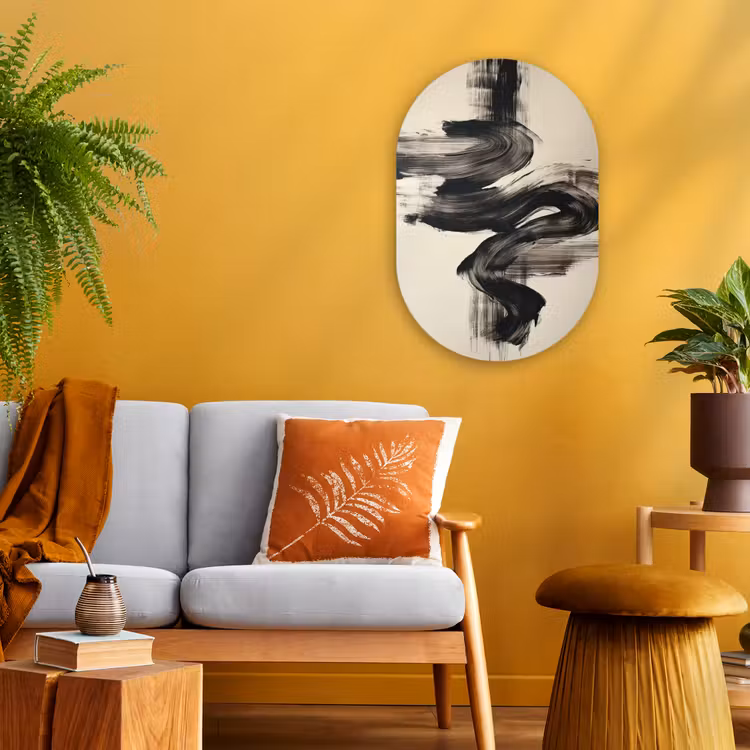 Golven - Penseelstreken - Beige - Minimalistisch Wandcirkel Ovaal Forex klein -sfeer4