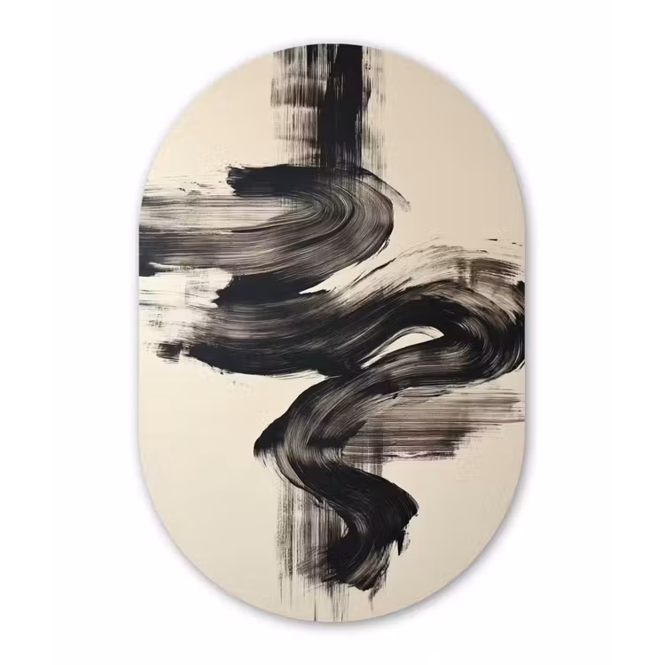 Golven - Penseelstreken - Beige - Minimalistisch Wandcirkel Ovaal Forex klein -3d