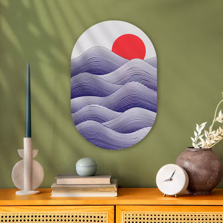 Golven - Zon - Natuur - Abstract - Rood Wandcirkel Ovaal Forex klein -sfeer2