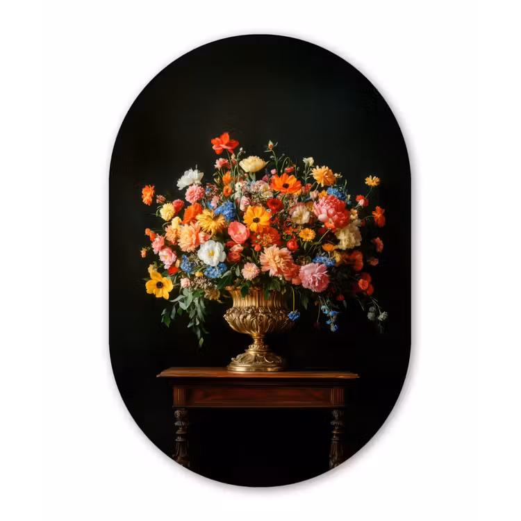 Goud - Bloemen - Kleuren - Vaas Wandcirkel Ovaal Forex klein -3d