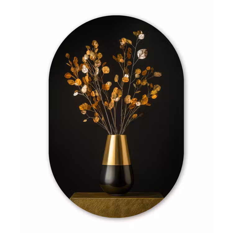 Goudbruine - Bladeren - Vaas - Herfstachtig Wandcirkel Ovaal Forex klein -3d