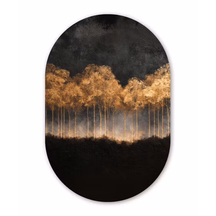 Gouden Bomen in Mistig Landschap Wandcirkel Ovaal Forex klein -3d