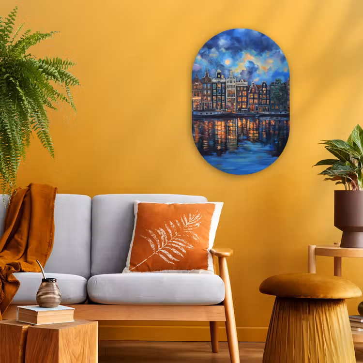Grachten Amsterdam - Huizen - Stad - Kleurrijk Wandcirkel Ovaal Forex klein -sfeer4