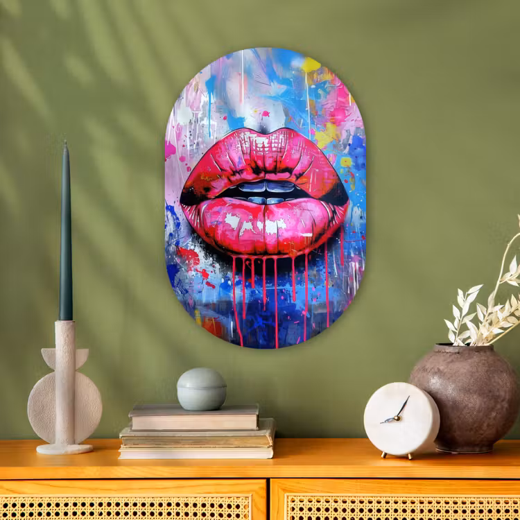 Graffiti - Lippen - Felroze - Geschilderd Wandcirkel Ovaal Forex klein -sfeer2