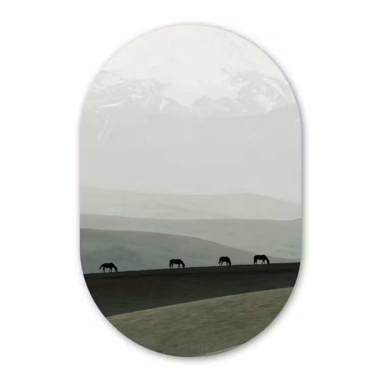 Grijs - Berg - Paarden Wandcirkel Ovaal Forex klein -3d