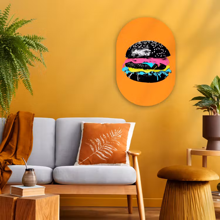 Hamburger - Oranje - Neon - popart Wandcirkel Ovaal Forex klein -sfeer4