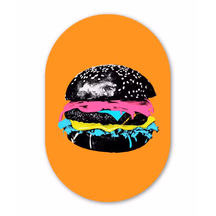Hamburger - Oranje - Neon - popart Wandcirkel Ovaal Forex klein -3d