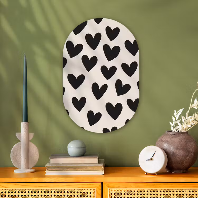 Hartjes - Zwart - Beige Wandcirkel Ovaal Forex klein -sfeer2