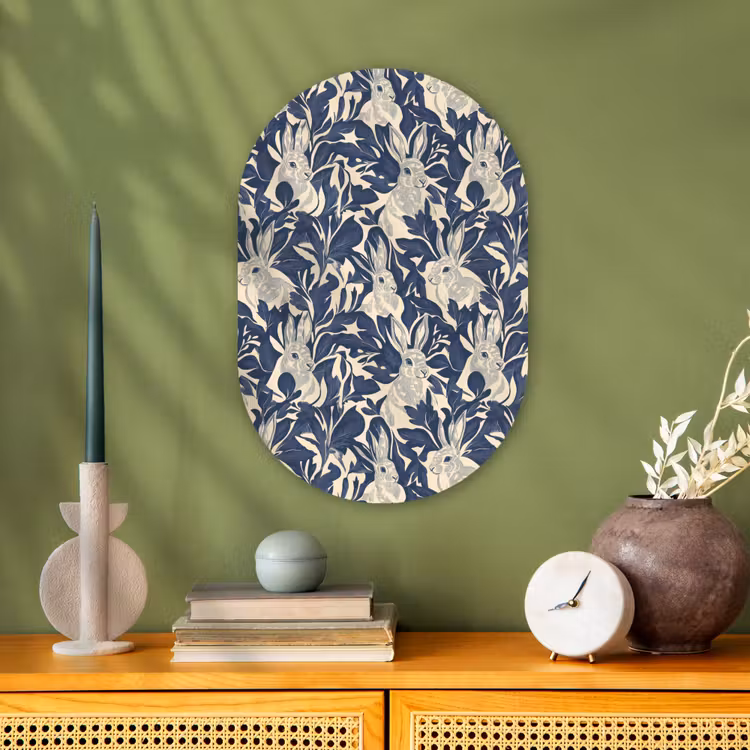Hazen - Bladeren - Patroon - Blauw - Beige Wandcirkel Ovaal Forex klein 630 -sfeer2