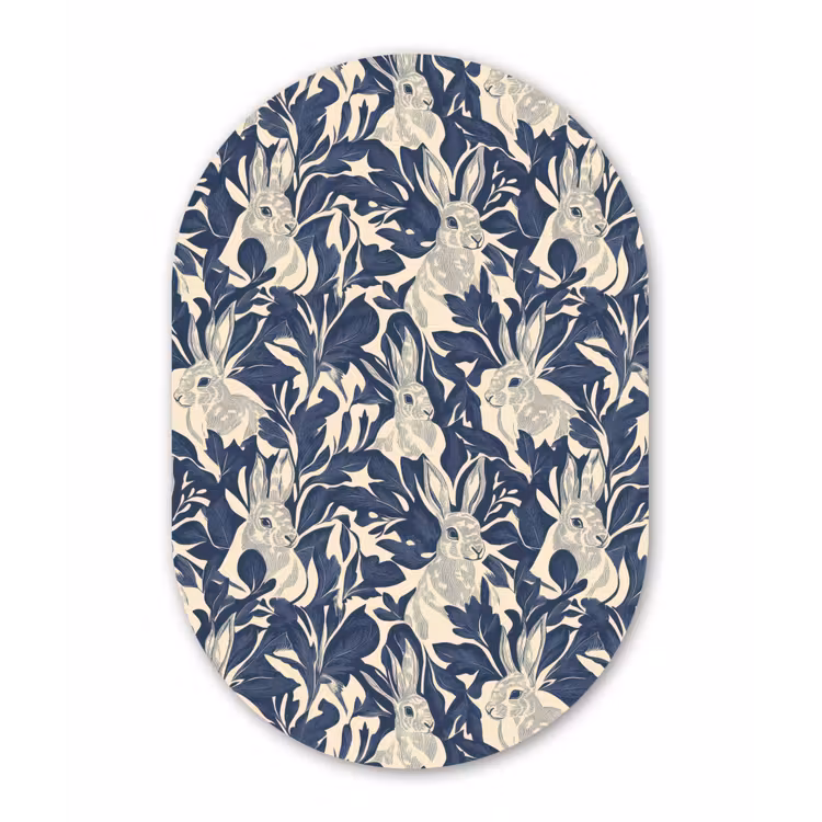 Hazen - Bladeren - Patroon - Blauw - Beige Wandcirkel Ovaal Forex klein 630 -3d