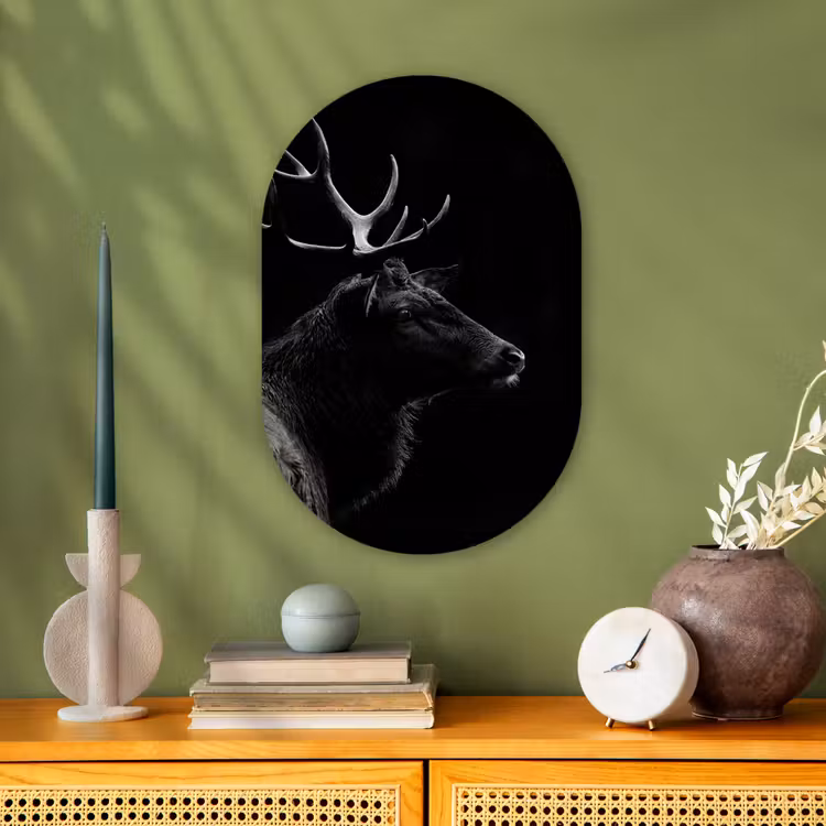 Hert - Zwart - Portret - Gewei - Dieren Wandcirkel Ovaal Forex klein -sfeer2