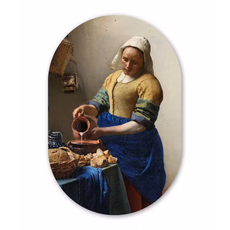 Het melkmeisje - Schilderij van Johannes Vermeer Wandcirkel Ovaal Forex klein -3d