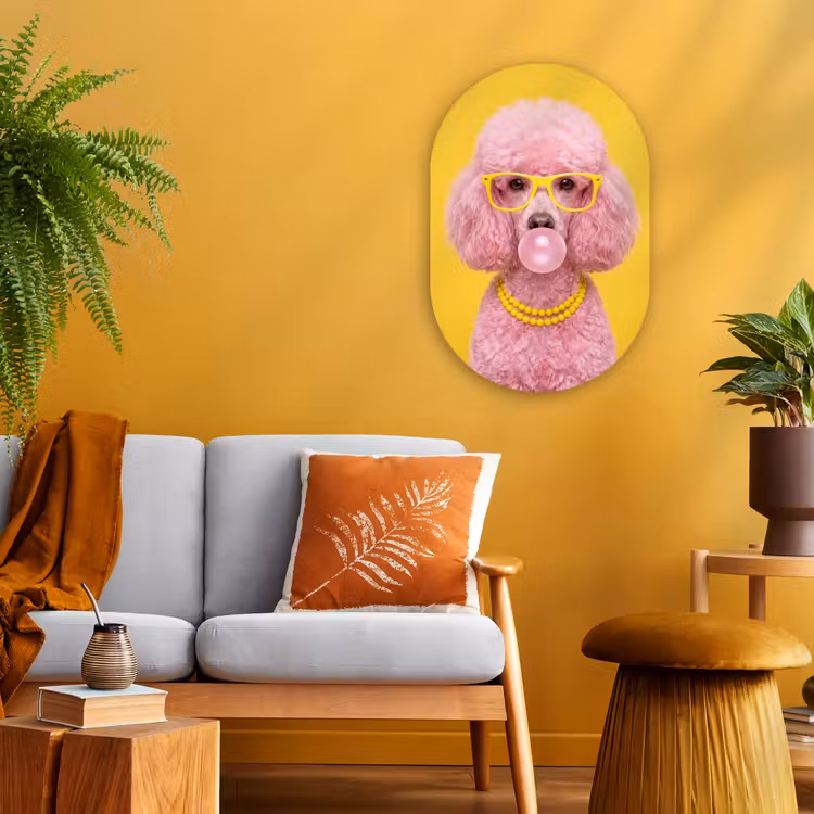 Hond - Kauwgum - Dieren - Modern - Roze Wandcirkel Ovaal Forex klein -sfeer4