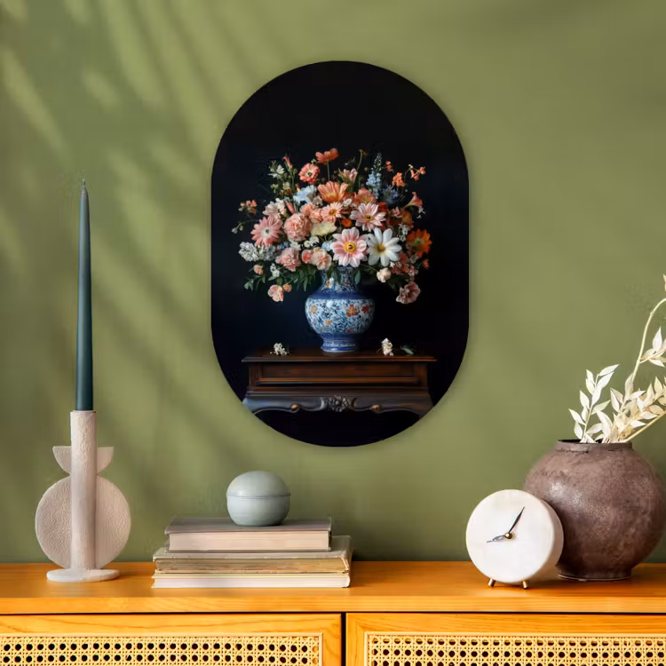 Hout - Vaas - Kleuren - Bloemen Wandcirkel Ovaal Forex klein -sfeer2