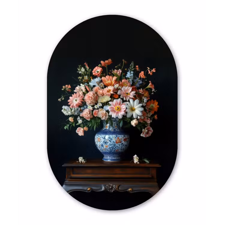 Hout - Vaas - Kleuren - Bloemen Wandcirkel Ovaal Forex klein -3d