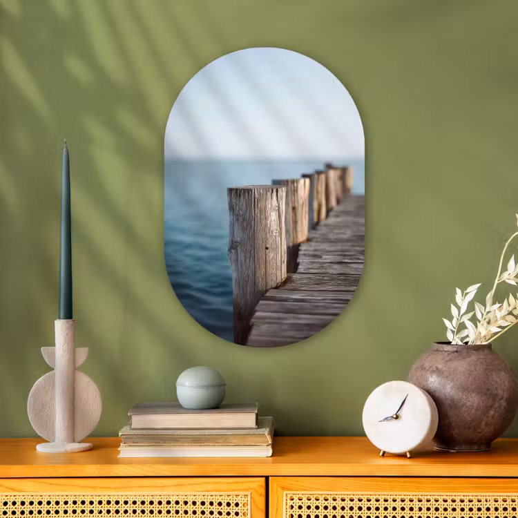 Houten steiger - Helderblauwe lucht Wandcirkel Ovaal Forex klein -sfeer2