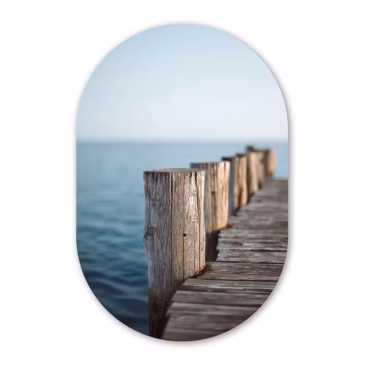 Houten steiger - Helderblauwe lucht Wandcirkel Ovaal Forex klein -3d
