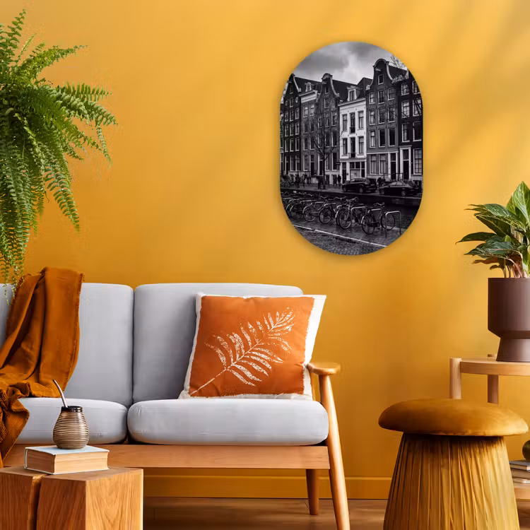 Huis - Gracht - Amsterdam - Architectuur - Zwart-wit Wandcirkel Ovaal Forex klein -sfeer4