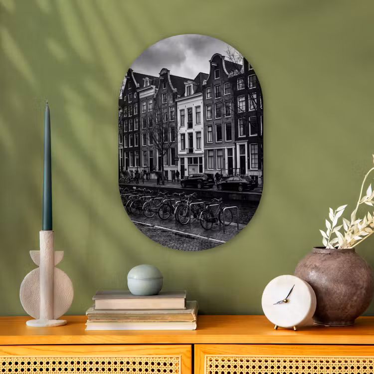 Huis - Gracht - Amsterdam - Architectuur - Zwart-wit Wandcirkel Ovaal Forex klein -sfeer2