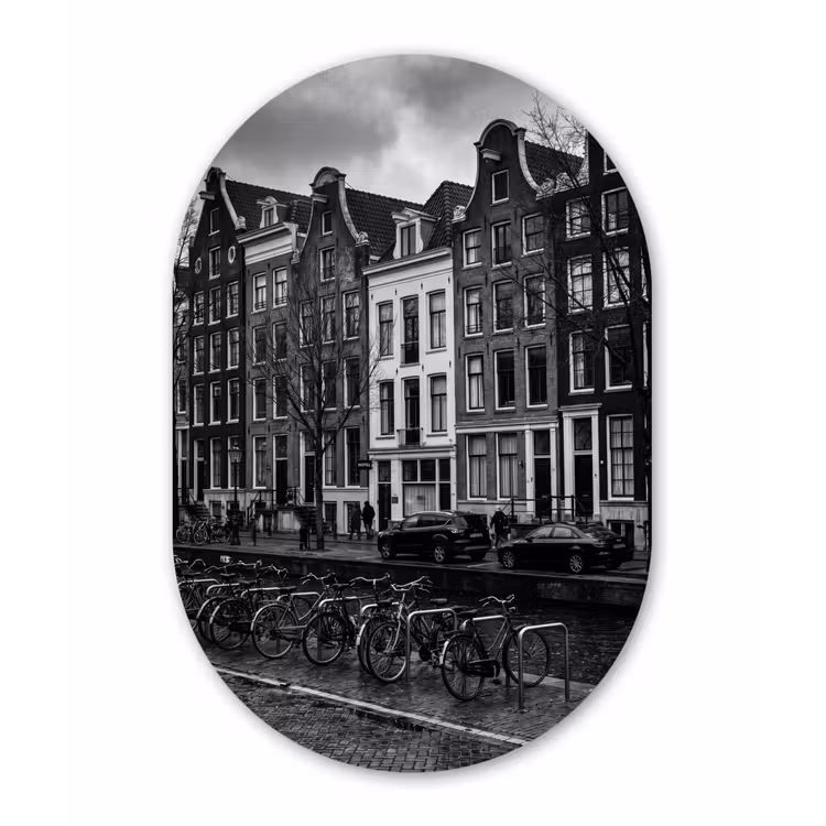 Huis - Gracht - Amsterdam - Architectuur - Zwart-wit Wandcirkel Ovaal Forex klein -3d
