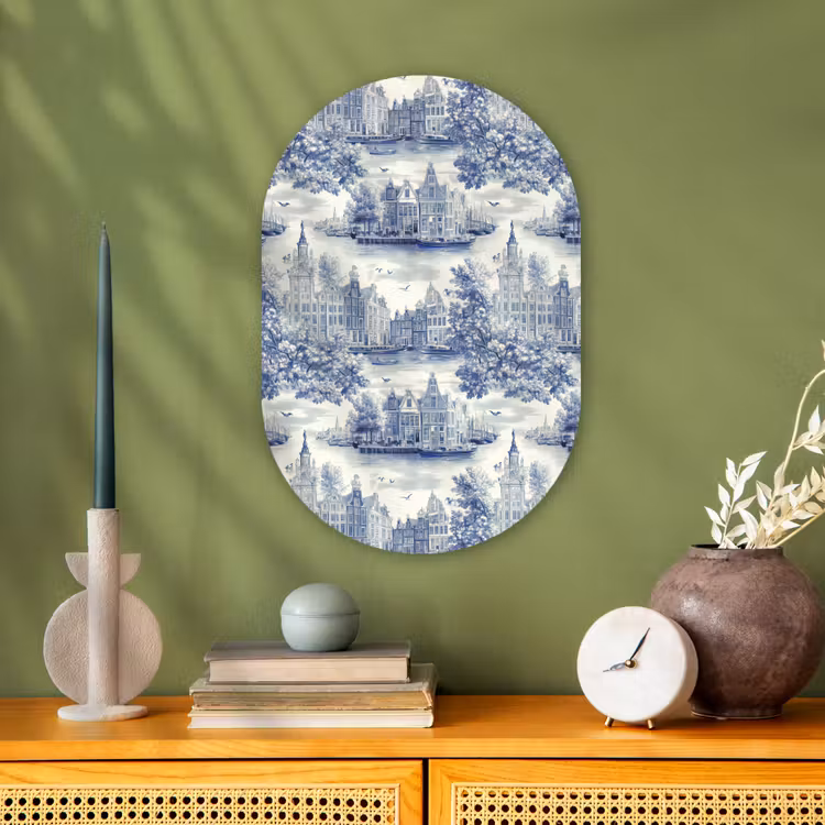 Huizen - Bomen - Water - Vogels - Blauw Wandcirkel Ovaal Forex klein 630 -sfeer2