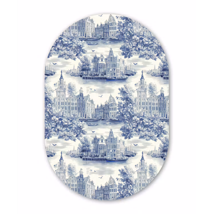 Huizen - Bomen - Water - Vogels - Blauw Wandcirkel Ovaal Forex klein 630 -3d