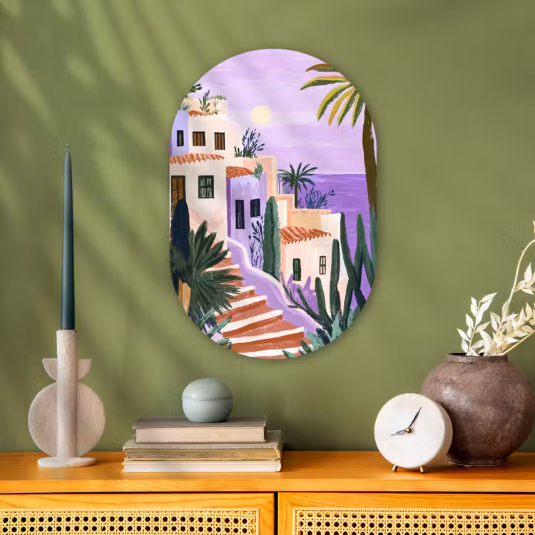 Huizen - Minimalistisch - Palmbomen - Kust Wandcirkel Ovaal Forex klein -sfeer2