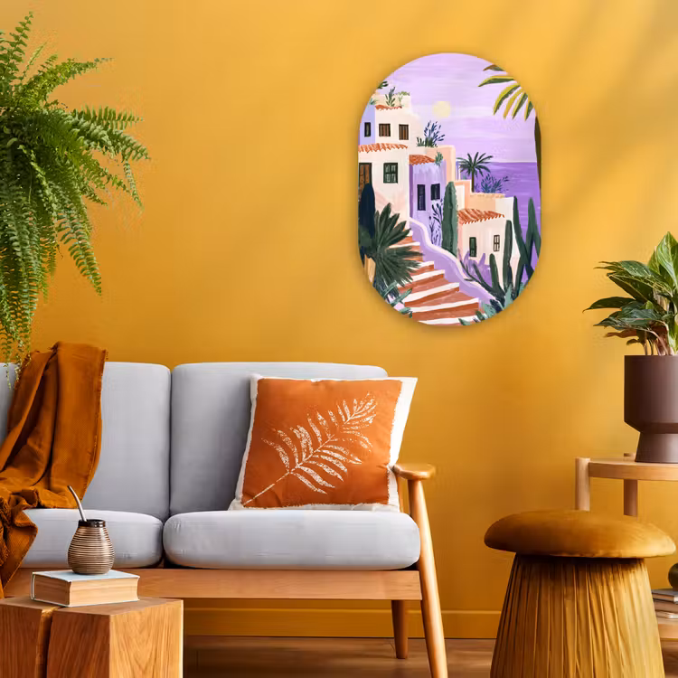 Huizen - Minimalistisch - Palmbomen - Kust Wandcirkel Ovaal Forex klein -sfeer4