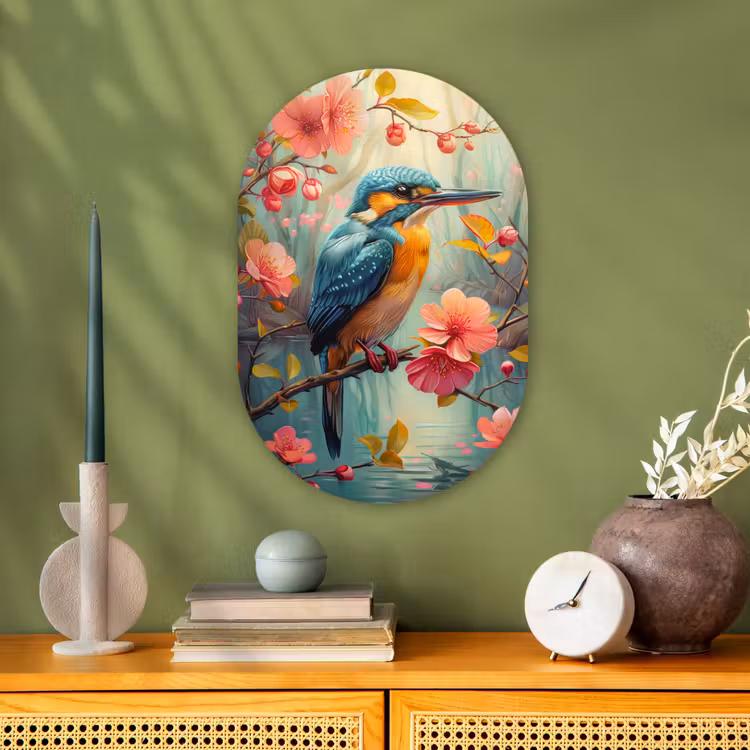 IJsvogel - Bloesem - Natuur - Vogels - Bloemen Wandcirkel Ovaal Forex klein -sfeer2