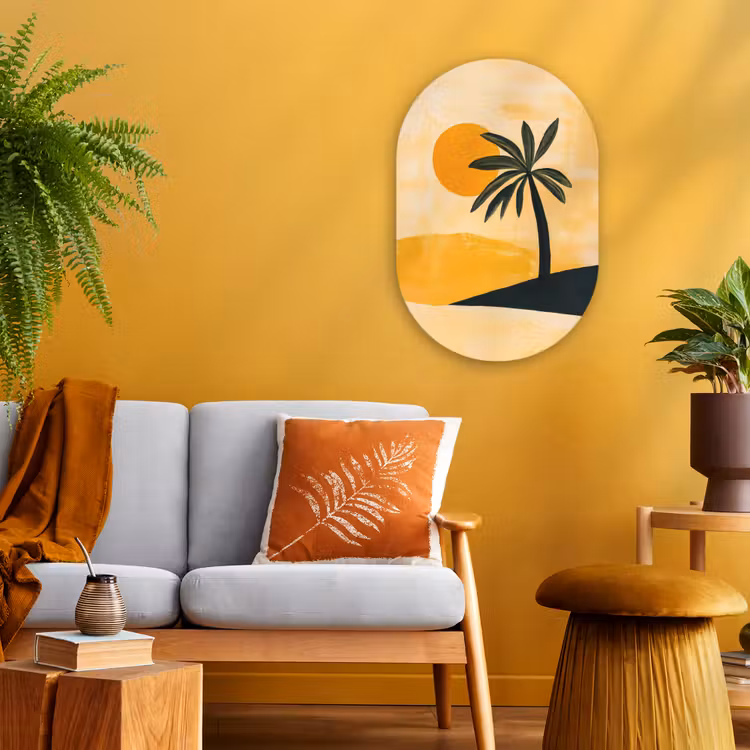 Illustratie - Palmboom - Zon - Heuvels Wandcirkel Ovaal Forex klein -sfeer4