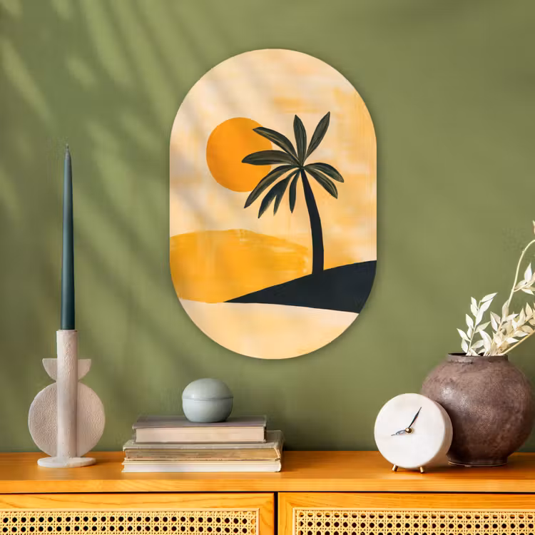 Illustratie - Palmboom - Zon - Heuvels Wandcirkel Ovaal Forex klein -sfeer2