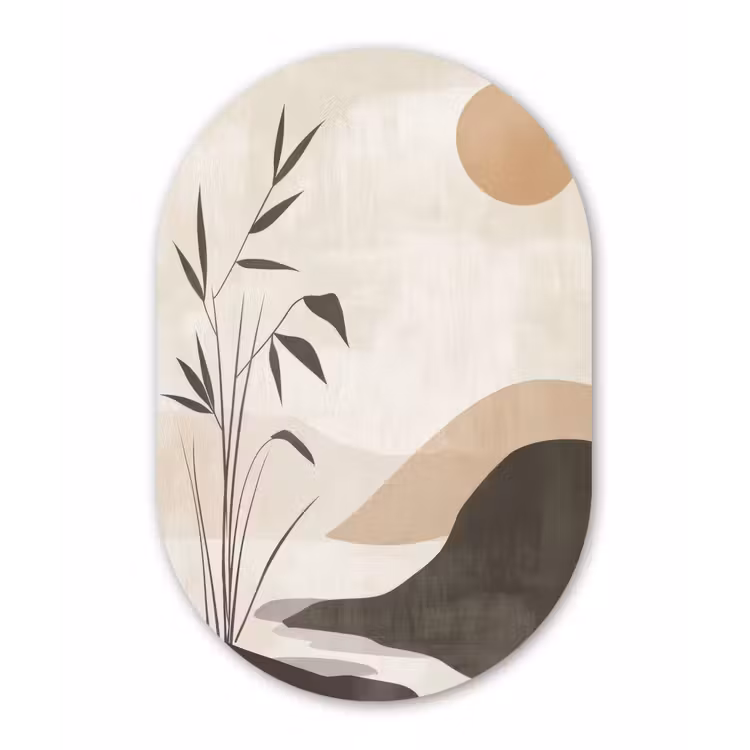 Japandi - Landschap - Beige Wandcirkel Ovaal Forex klein -3d