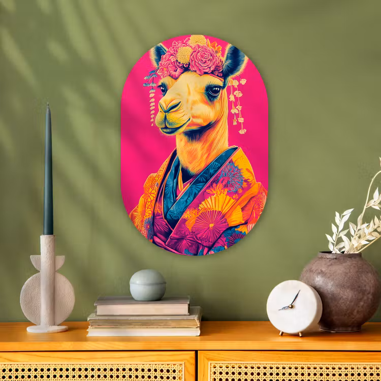 Kameel - Bloemen - Kimono - Waaiers Wandcirkel Ovaal Forex klein -sfeer2
