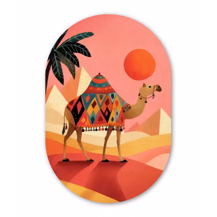 Kameel - Pyramides - Rode zon Wandcirkel Ovaal Forex klein -3d