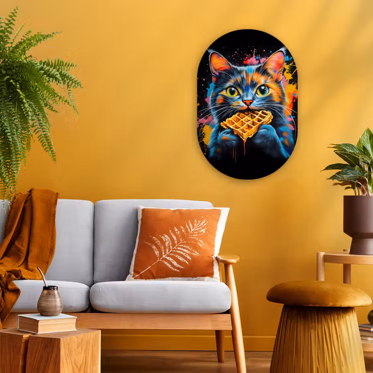 Kat - Graffiti - Kleurrijk - Wafel - Eten Wandcirkel Ovaal Forex klein -sfeer4