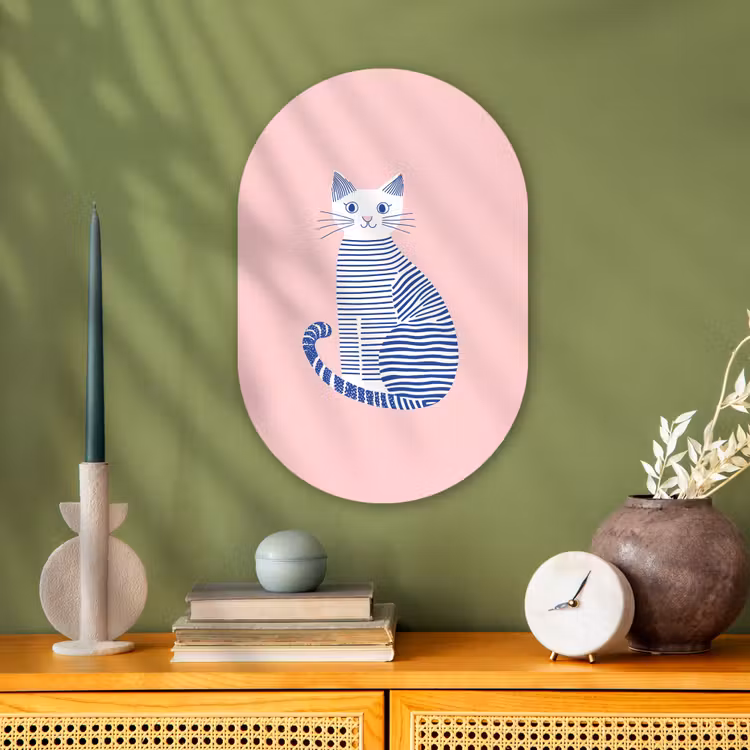 Kat - Illustratie - Minimalistisch - Roze Wandcirkel Ovaal Forex klein -sfeer2