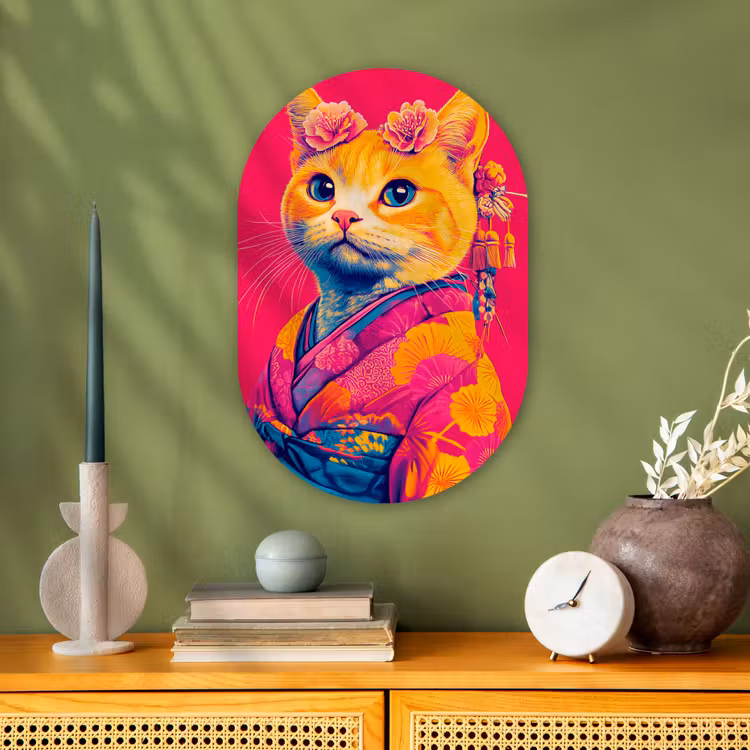 Kat - Kimono - Bloemen - Roze Wandcirkel Ovaal Forex klein -sfeer2