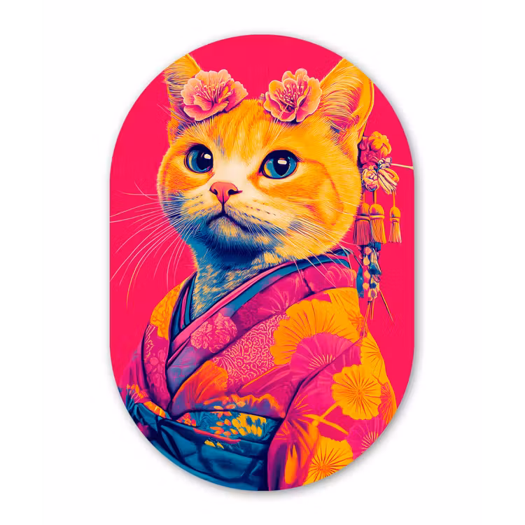 Kat - Kimono - Bloemen - Roze Wandcirkel Ovaal Forex klein -3d