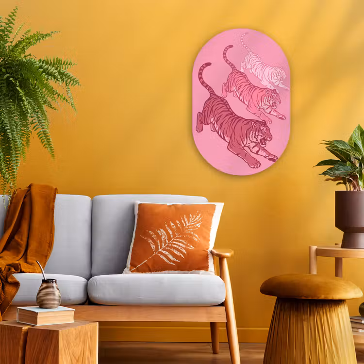 Kat - Springend - Dieren - Roze - Modern Wandcirkel Ovaal Forex klein -sfeer4