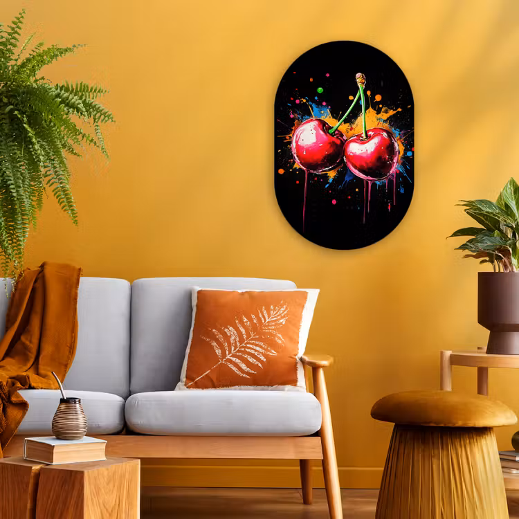Kersen - Fruit - Graffiti - Verf - Abstract - Modern - Kleurrijk Wandcirkel Ovaal Forex klein -sfeer4