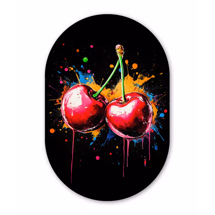 Kersen - Fruit - Graffiti - Verf - Abstract - Modern - Kleurrijk Wandcirkel Ovaal Forex klein -3d