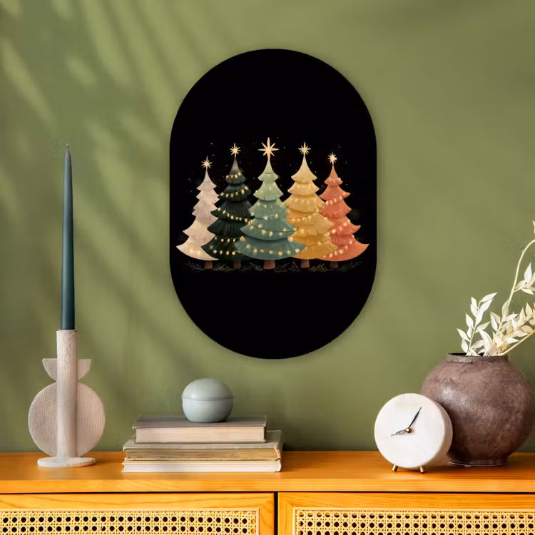 Kerstbomen - Kleurrijk - Lichtjes - Ster Wandcirkel Ovaal Forex klein -sfeer2