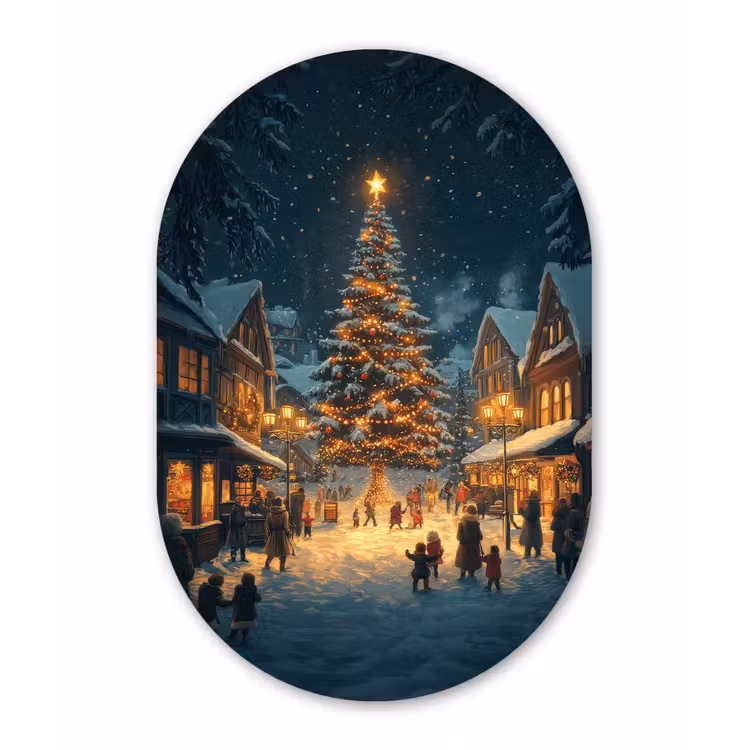 Kerstfeest - Dorp - Donker Wandcirkel Ovaal Forex klein -3d